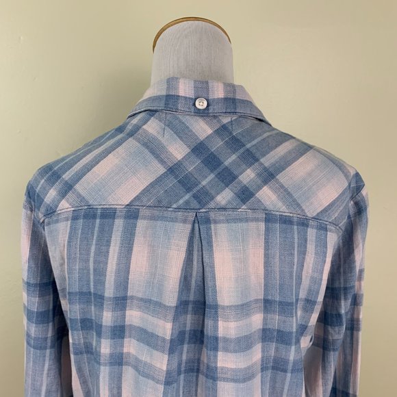 CLOTH & STONE Anthropologie Blue Pink Plaid Tie Hem Long Sleeve Button Shirt - Picture 9 of 10